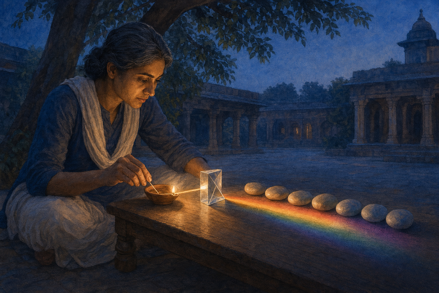 A seated person adjusts a clay lamp while its light passes through a glass prism onto unmarked stones in a quiet courtyard.