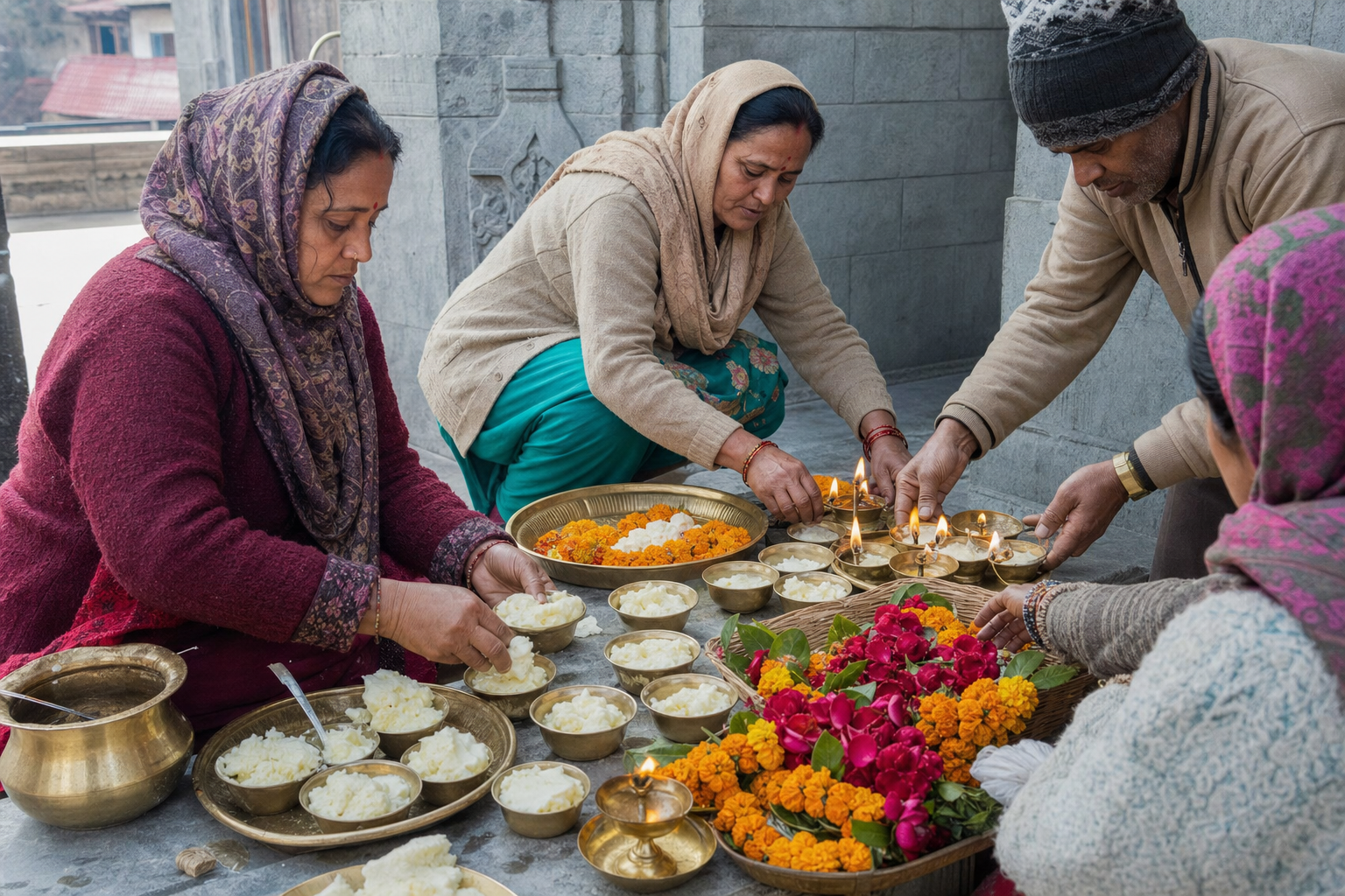 Devotees preparing brass bowls of butter, flower garlands and oil lamps for a winter temple observance.