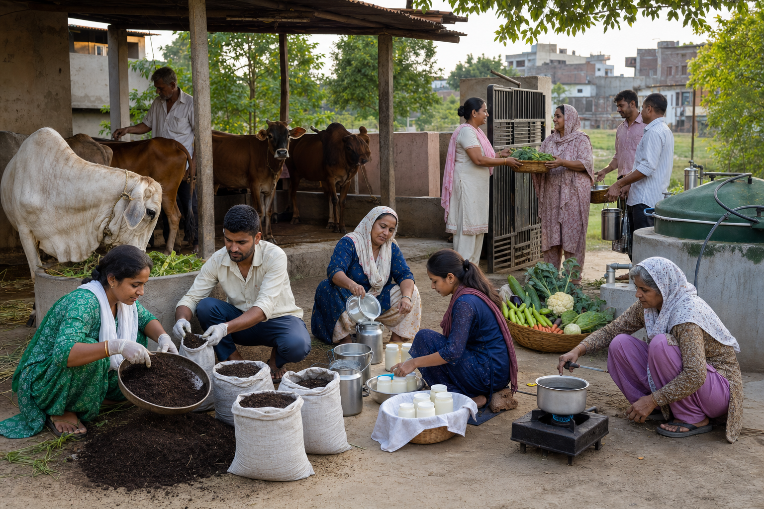 A farm household prepares compost, dairy products, biogas, and vegetables for local customers while continuing to feed an elderly non-lactating cow.