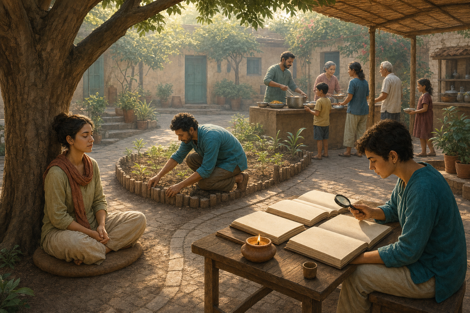 People meditate, protect young plants, examine unmarked folios, and serve food in a shared community courtyard.
