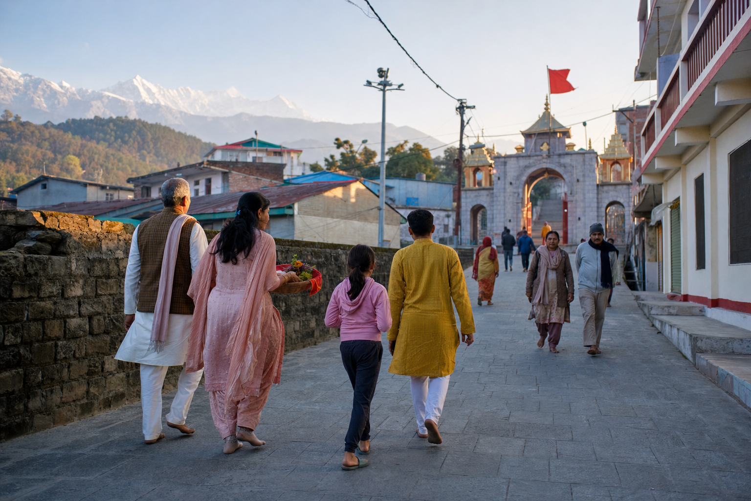 A family carrying flower offerings walks through a Kangra lane toward the temple gateway at dawn.