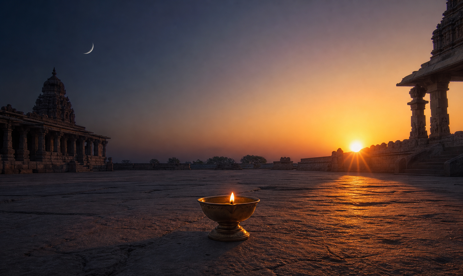 A temple courtyard changes from moonlit predawn to sunrise, with a brass lamp in the foreground.