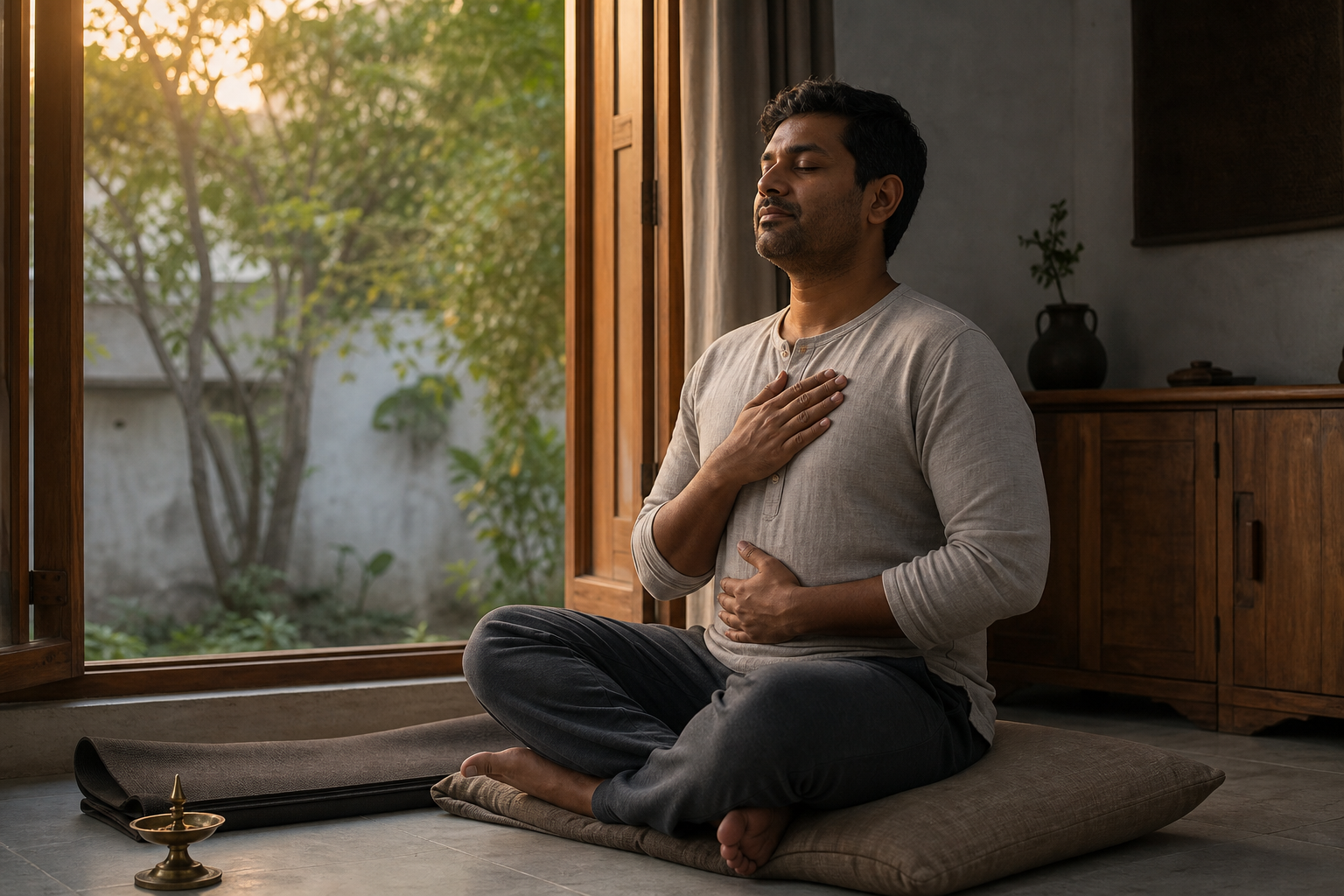An adult sits on a floor cushion by an open window at dawn with one hand on the chest and one on the abdomen.