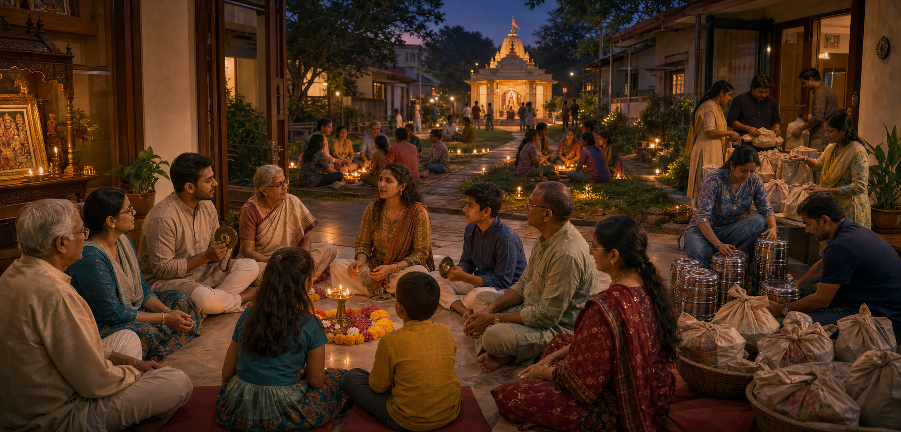 Families, elders, and volunteers gather for devotion and community service in connected homes near a neighborhood mandir.