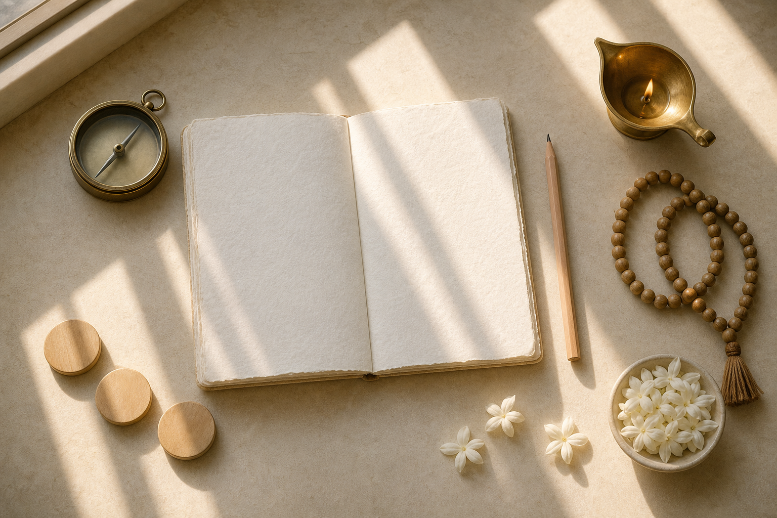 A blank notebook, pencil, compass, prayer beads, flowers, and brass lamp arranged in bands of morning light.