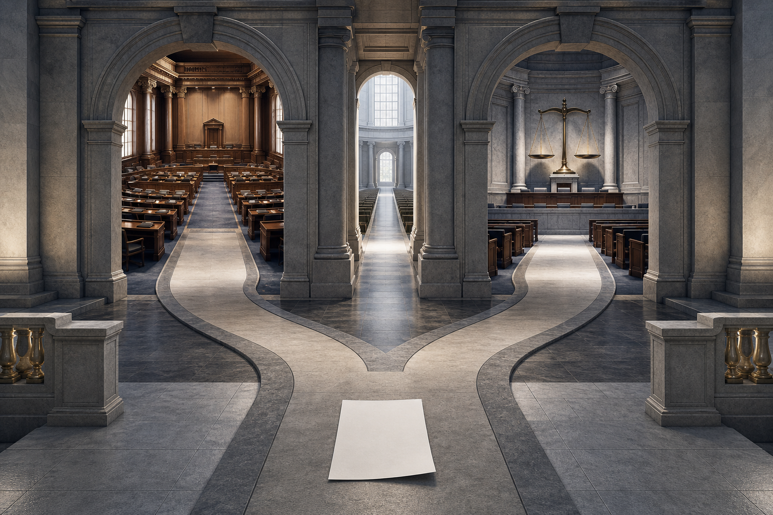 An unmarked draft document follows a path through two separate architectural gateways representing legislative and constitutional review.