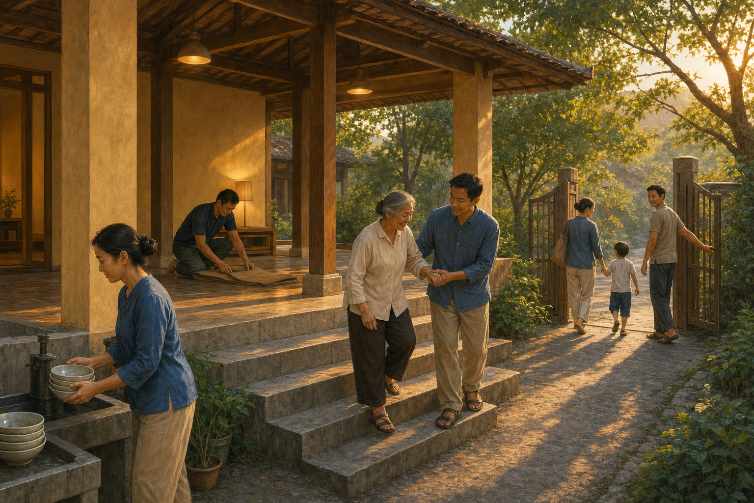 People fold floor coverings, help an older visitor, carry bowls for washing, and hold open a gate outside a pavilion.