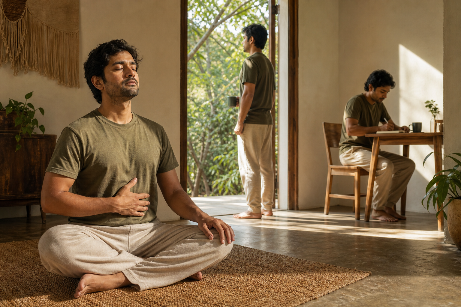 One person is shown breathing, looking outside, and writing in a journal at three depths within a calm room.