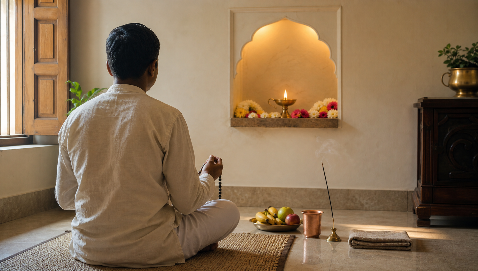 A devotee sits with prayer beads before a flower-decorated home shrine with a lamp, water, fruit, and incense.
