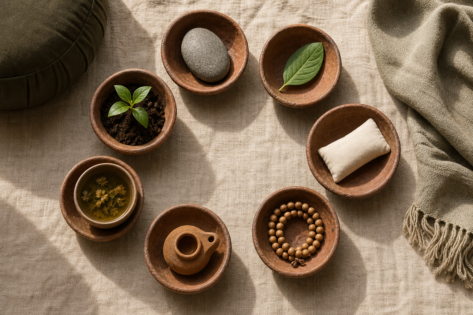 Seven clay bowls containing simple restorative objects are arranged in a circle on linen beside a cushion and folded shawl.