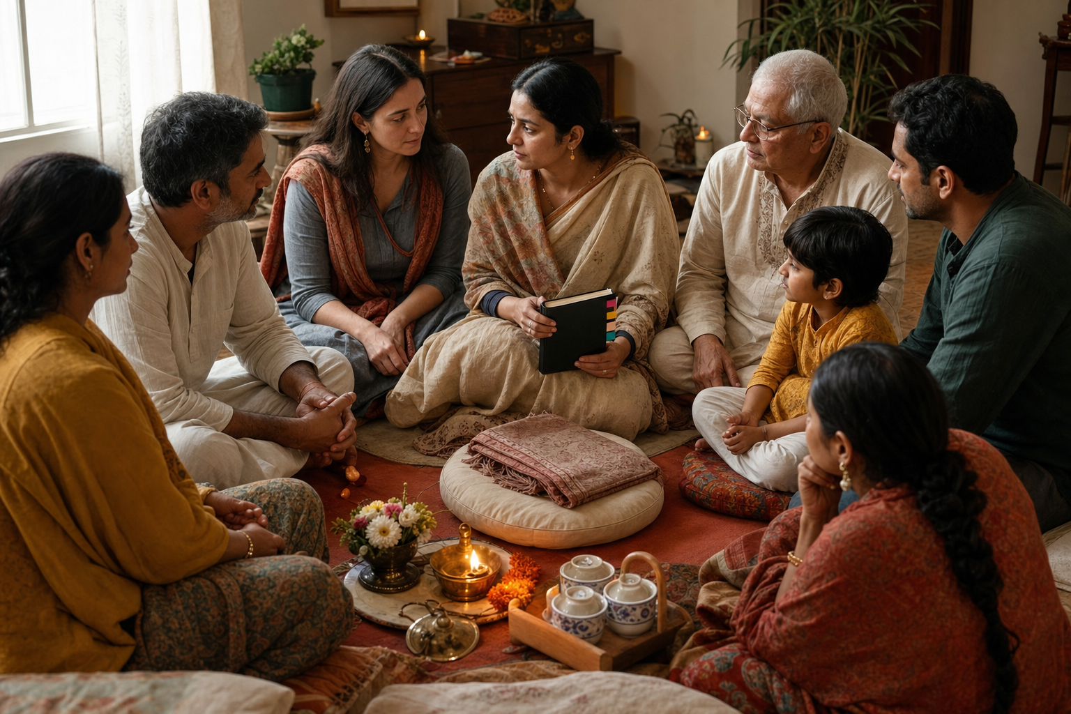 A small multigenerational bhakti circle notices an empty cushion where a regular participant would normally sit.