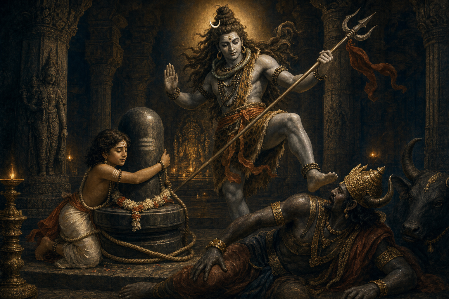 Shiva emerges beside a linga to protect the kneeling Markandeya as Yama lies subdued with a loosened noose and buffalo nearby.
