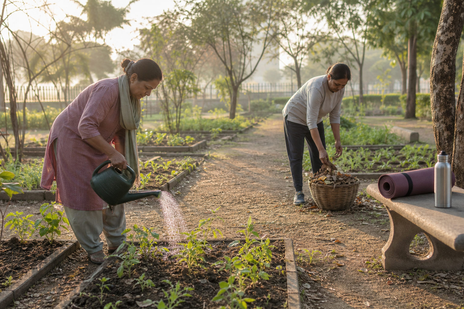 Two adults quietly care for plants and gather leaves in a community garden at sunrise, with a rolled mat beside a bench.