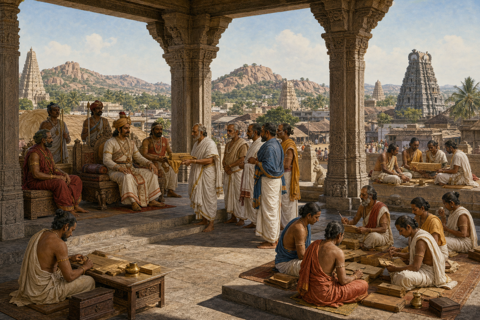 A ruler and court officials receive scholars carrying palm-leaf manuscripts in a stone pavilion overlooking the Vijayanagara capital.