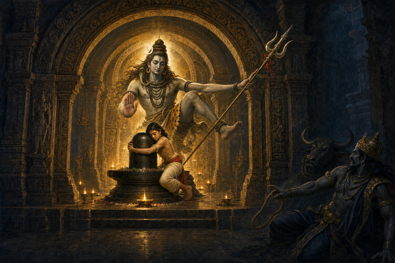 Markandeya and the linga occupy the illuminated center, Shiva surrounds them in protection, and Yama with his slack noose appears at the shadowed outer edge.