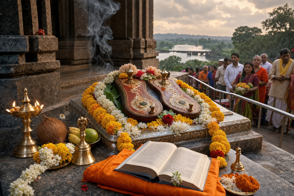 Datta Padukas altar with flowers and oil lamp for Guru Purnima at Gangapur Dattatreya Temple