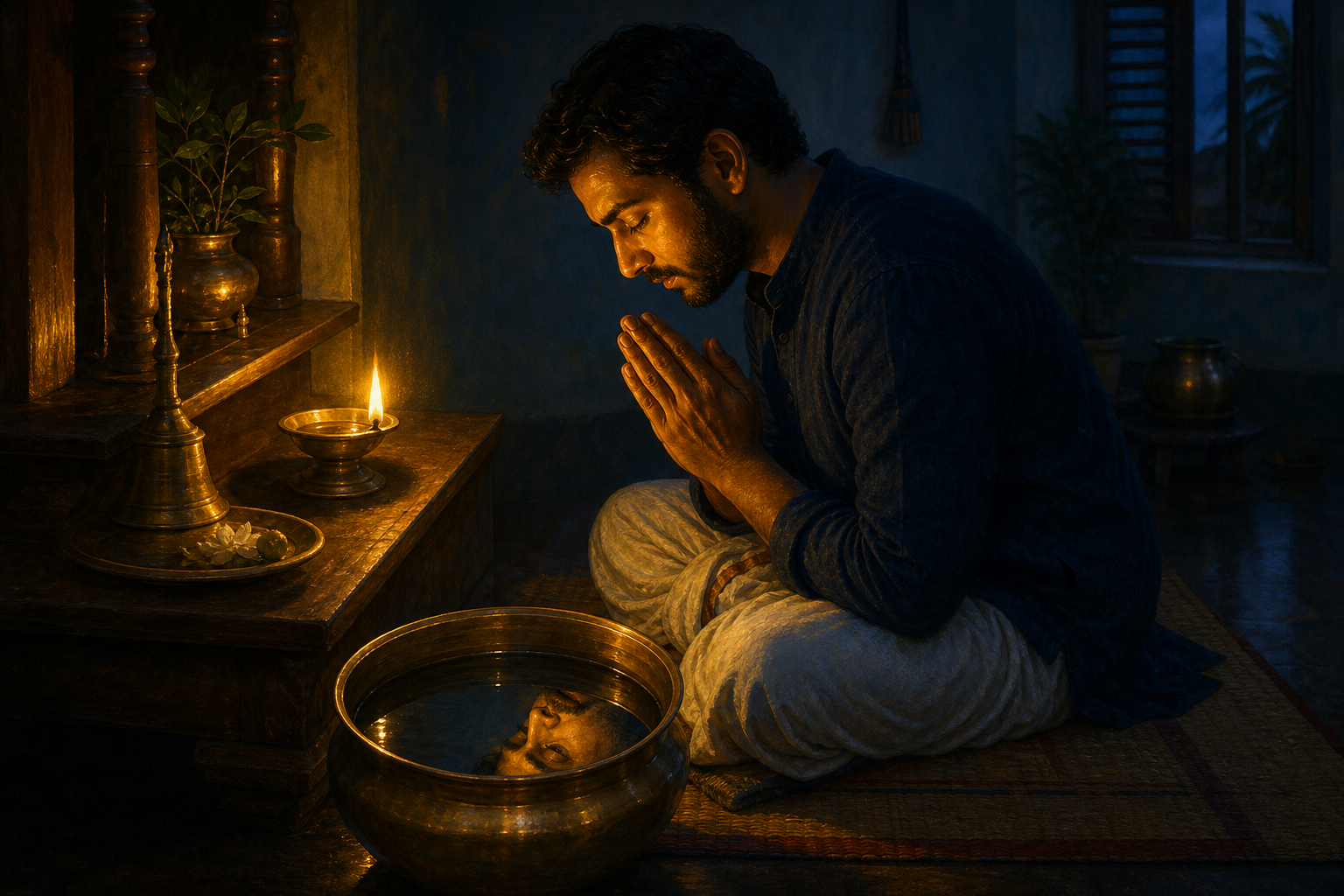A kneeling householder prays beside an oil lamp while his face is reflected in a brass vessel of water.