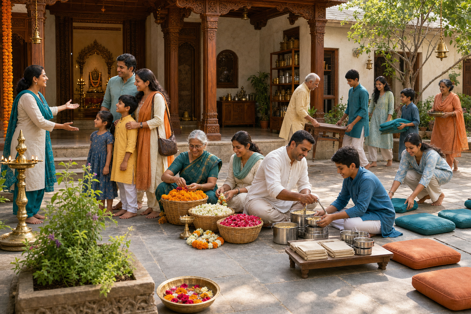 Newcomers, experienced volunteers, elders, and children share welcoming, devotional, and meal-service tasks in a mandir courtyard.