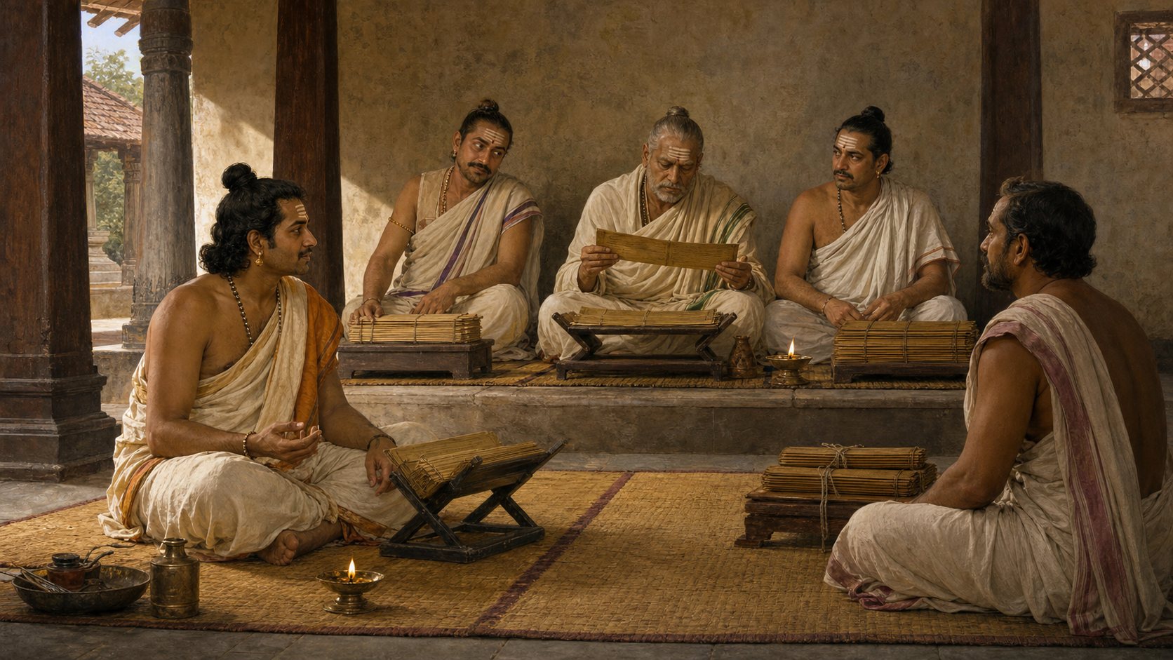 A poet watches a panel of three judges examining a palm-leaf folio while a rival scholar waits across the chamber.