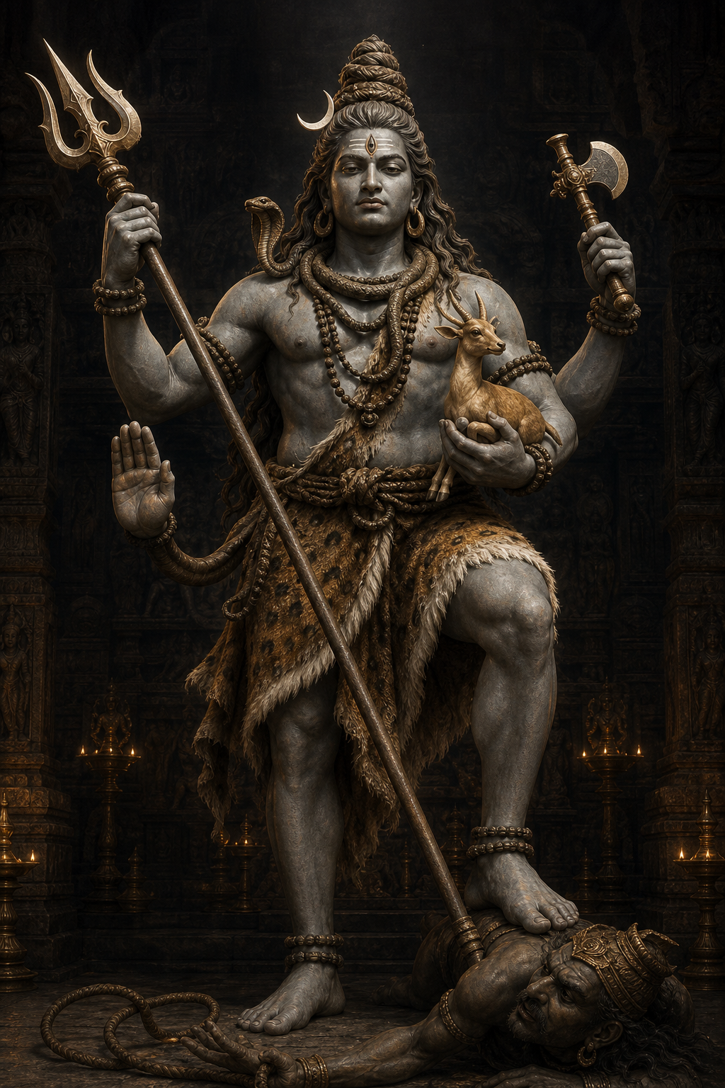 Four-armed Shiva stands with a trident, axe, antelope and raised protective hand above Yama's loosened noose.