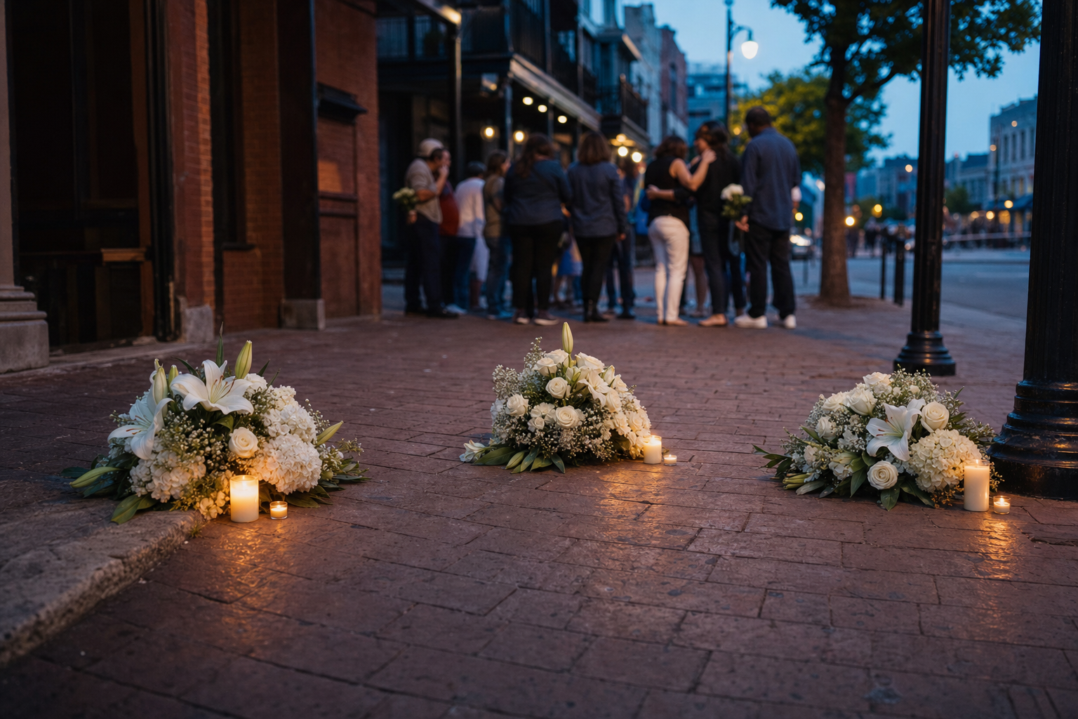 Three groups of flowers and candles form a memorial on a downtown Austin sidewalk as community members gather quietly at dawn.