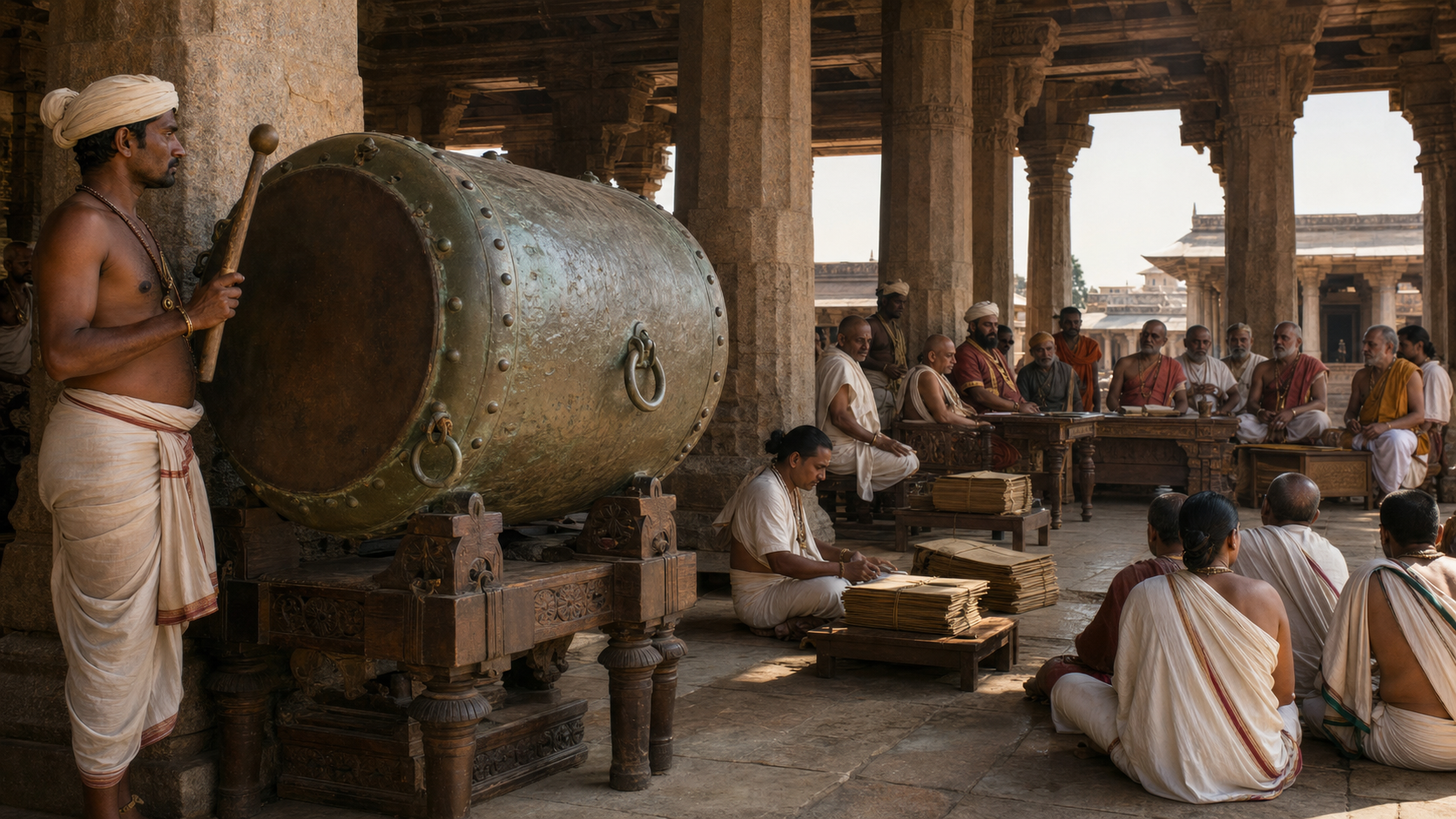 A large bronze ceremonial drum stands before a pillared scholarly pavilion where officials, scribes, students, and disputants are assembled.