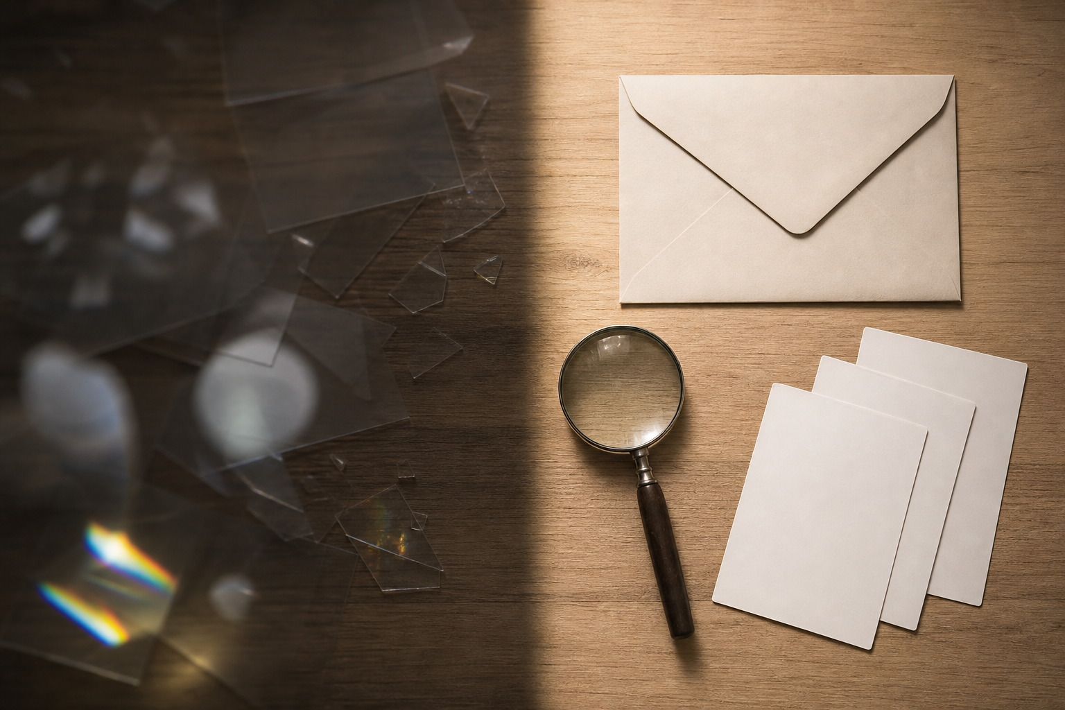 A magnifying glass, an unmarked envelope, and blank photo cards sit in clear light beside indistinct objects in shadow.