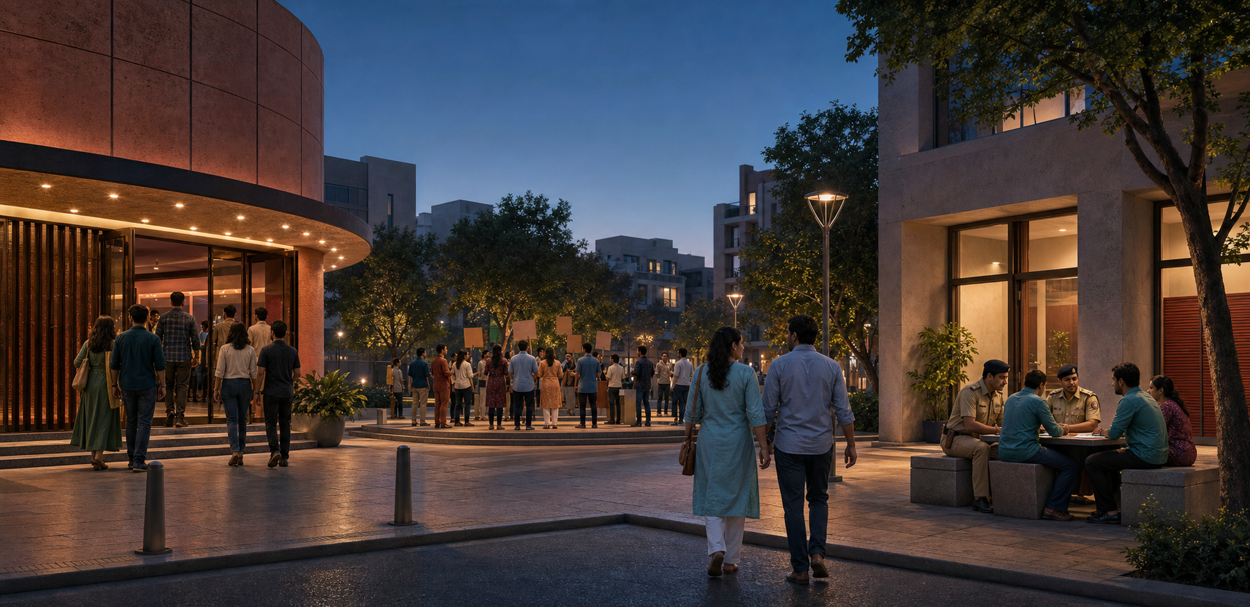 Editorial illustration of moviegoers, peaceful demonstrators, an adult couple, civilians, and police occupying separate areas outside an Indian cinema district at dusk.