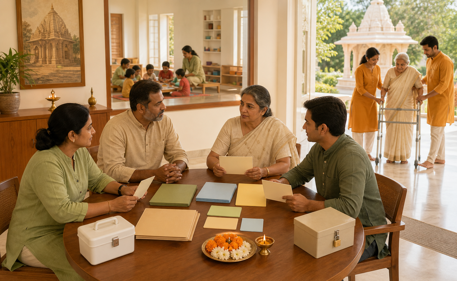 A community care team reviews blank safeguarding materials while children, an elder, and volunteers remain supported in visible shared spaces.
