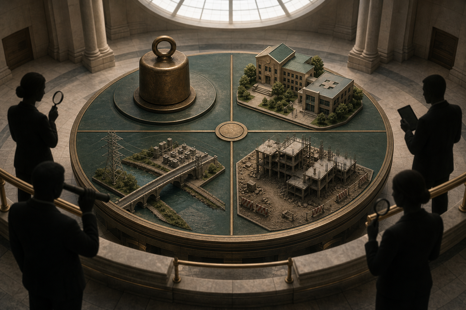 A circular inspection platform balances symbols of debt, public services, infrastructure investment, and unfinished projects as analysts observe.