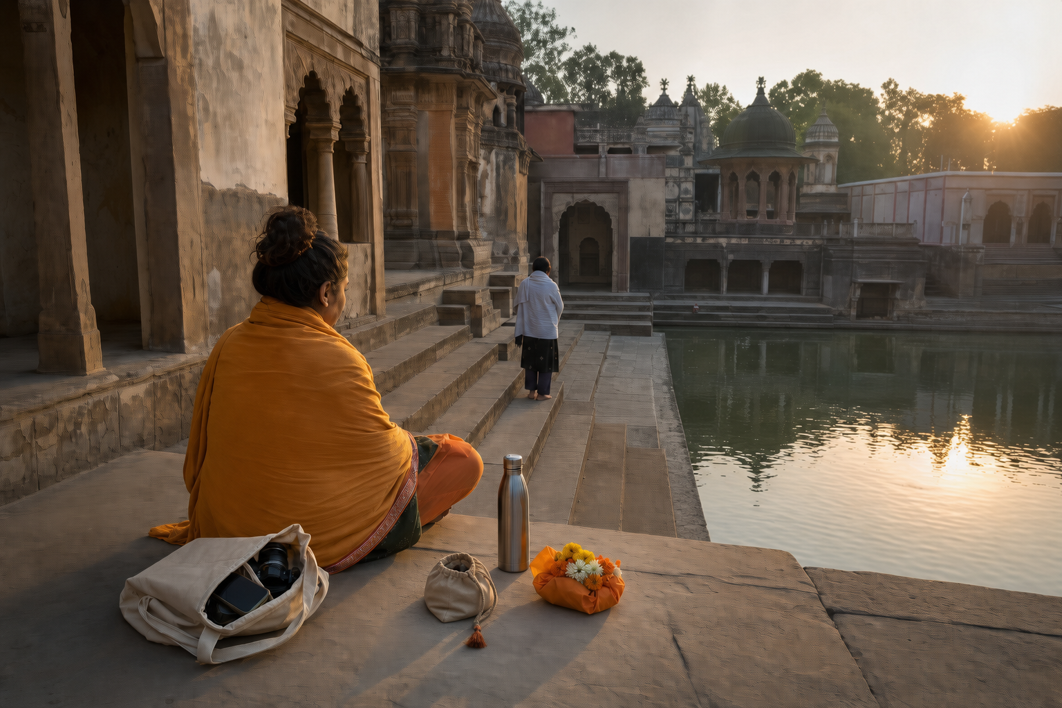 A pilgrim prepares quietly on the upper steps of a sacred kunda with prayer beads, flowers, a cloth bag, and a reusable bottle.