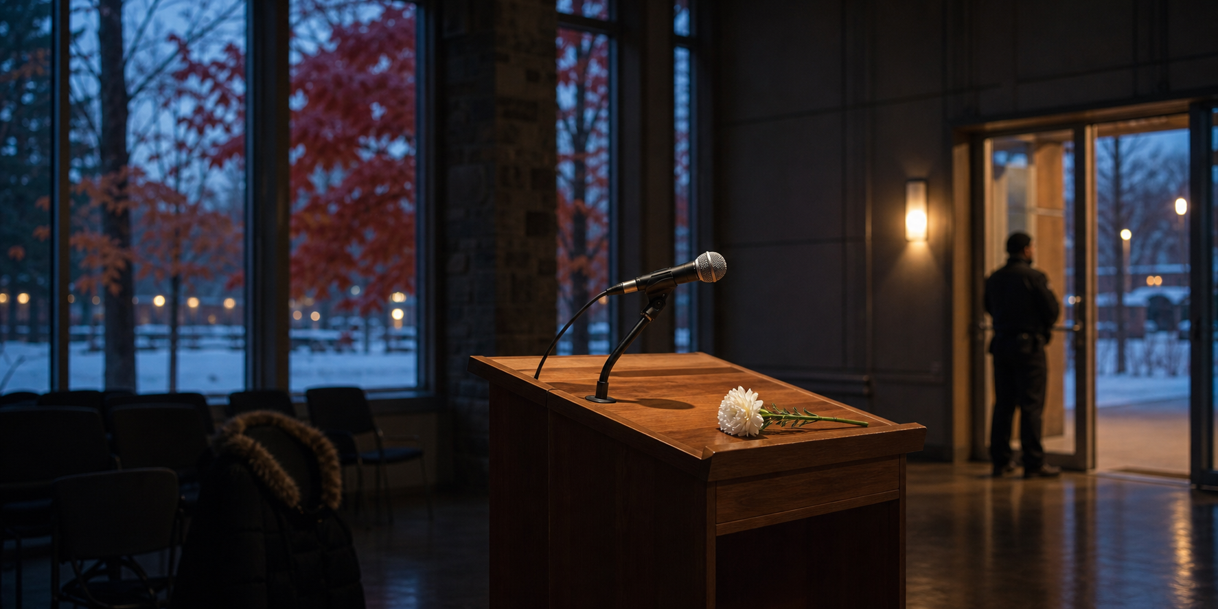 An empty lectern with a microphone and white flower stands inside a community hall while a security professional watches the illuminated entrance.