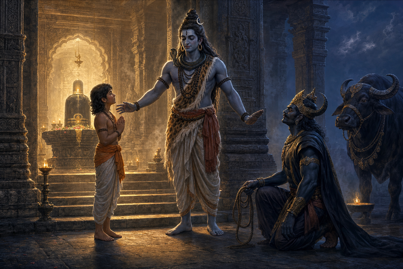 Shiva reassures Markandeya beside the linga while Yama kneels nearby with his noose lowered and his buffalo waiting behind him.