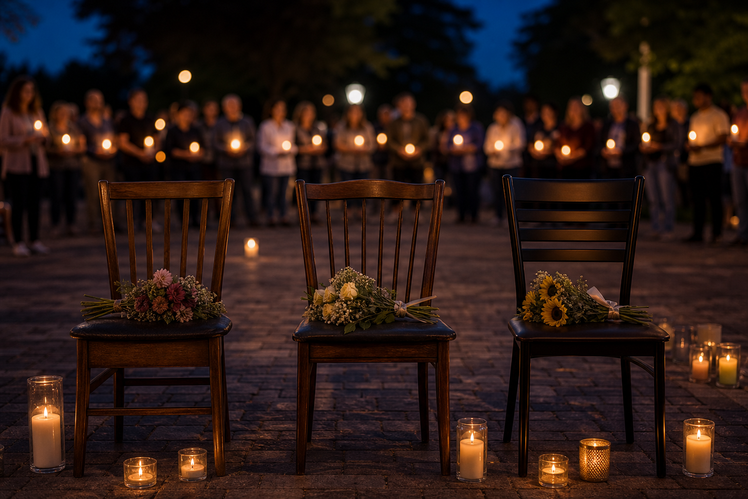 Three flower-covered empty chairs stand at the center of an evening vigil surrounded by mourners holding candles.