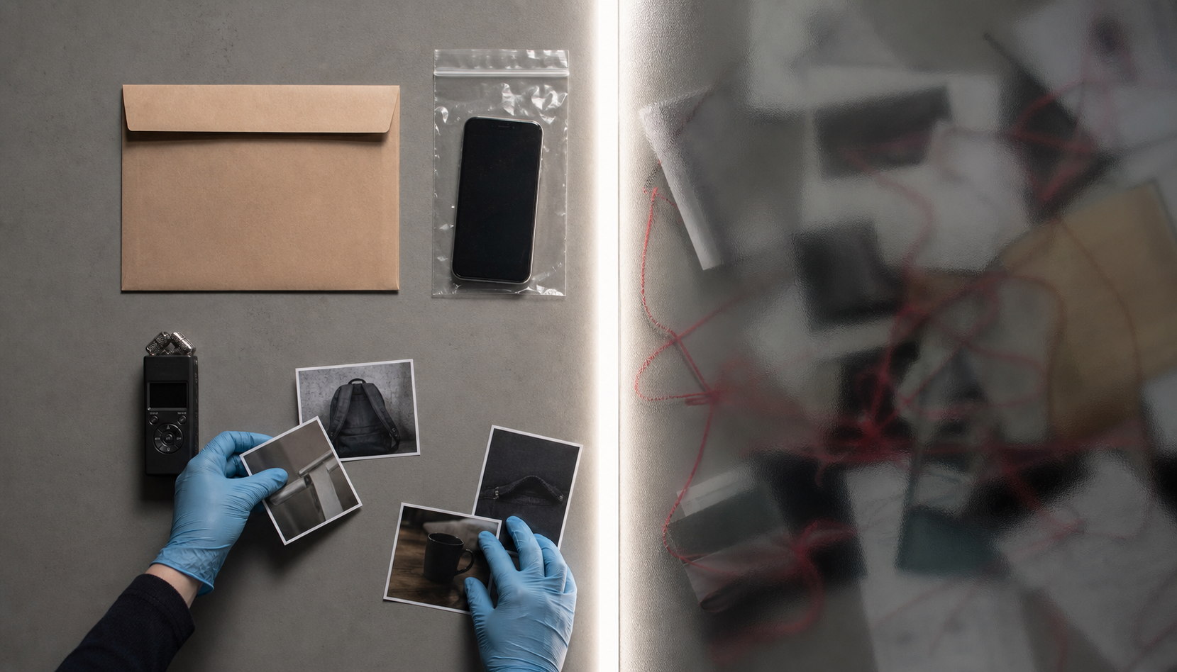 A divided tabletop shows clearly organized evidence on one side and blurred papers and tangled thread behind frosted glass on the other.