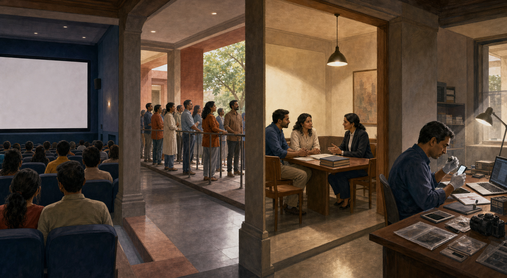 Illustration separating a cinema screening, a peaceful protest, an adult couple meeting a counselor, and an evidence-based investigation into four distinct spaces.