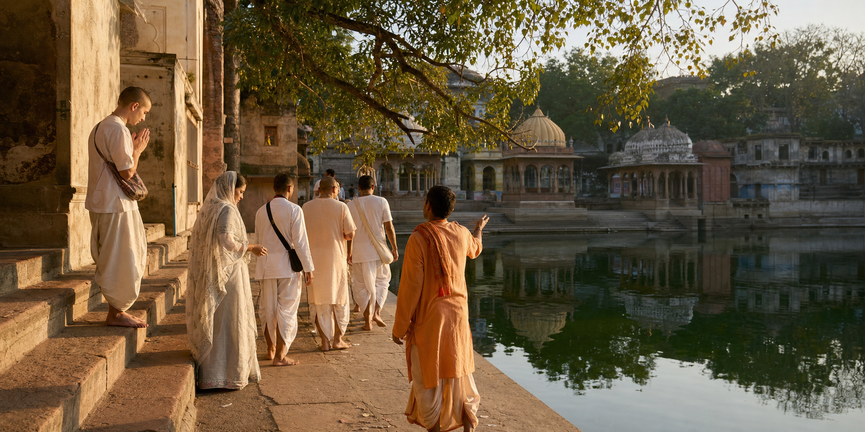 Pilgrims walk quietly around the kundas, offer folded-hand respects from the steps, and pause for darshan with prayer beads.