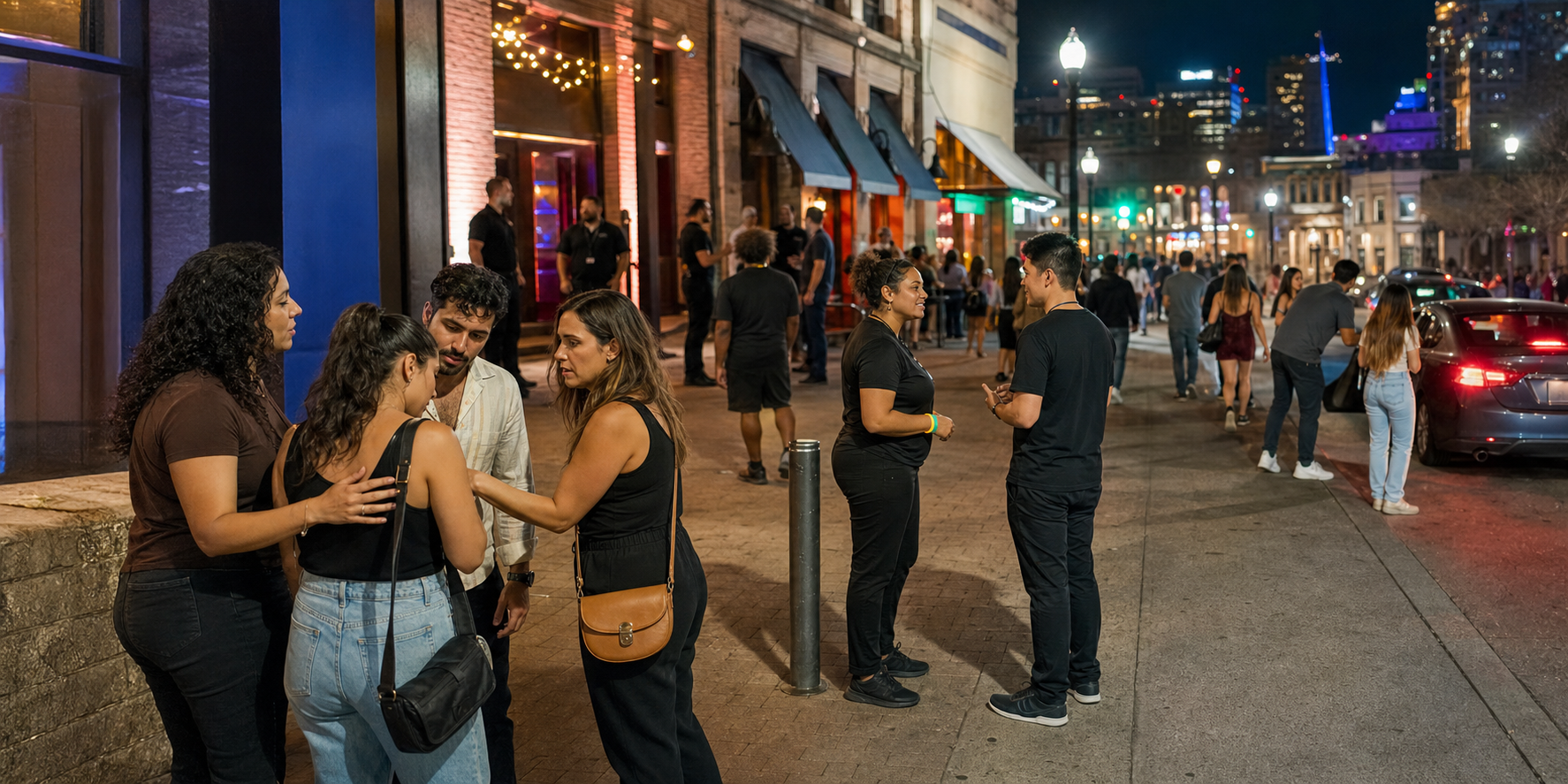 Friends, venue staff, and community safety volunteers coordinate in a brightly lit downtown nightlife area.