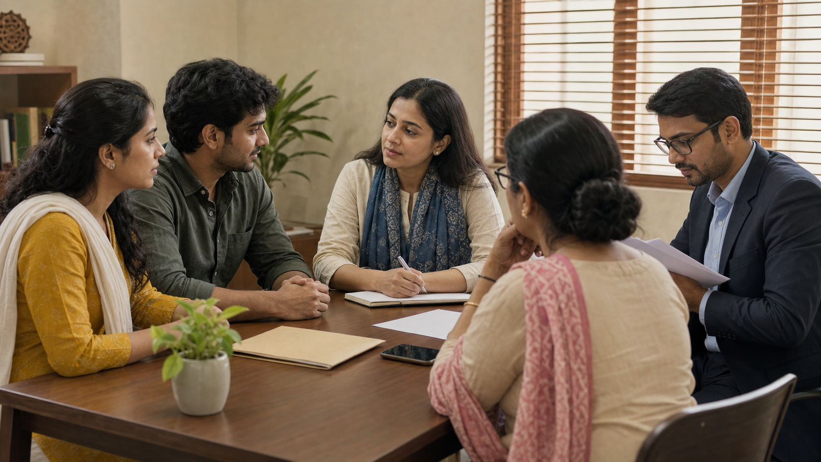 Two adult partners meet with a counselor, a relative, and a legal professional who reviews unmarked documents and a phone in a private office.