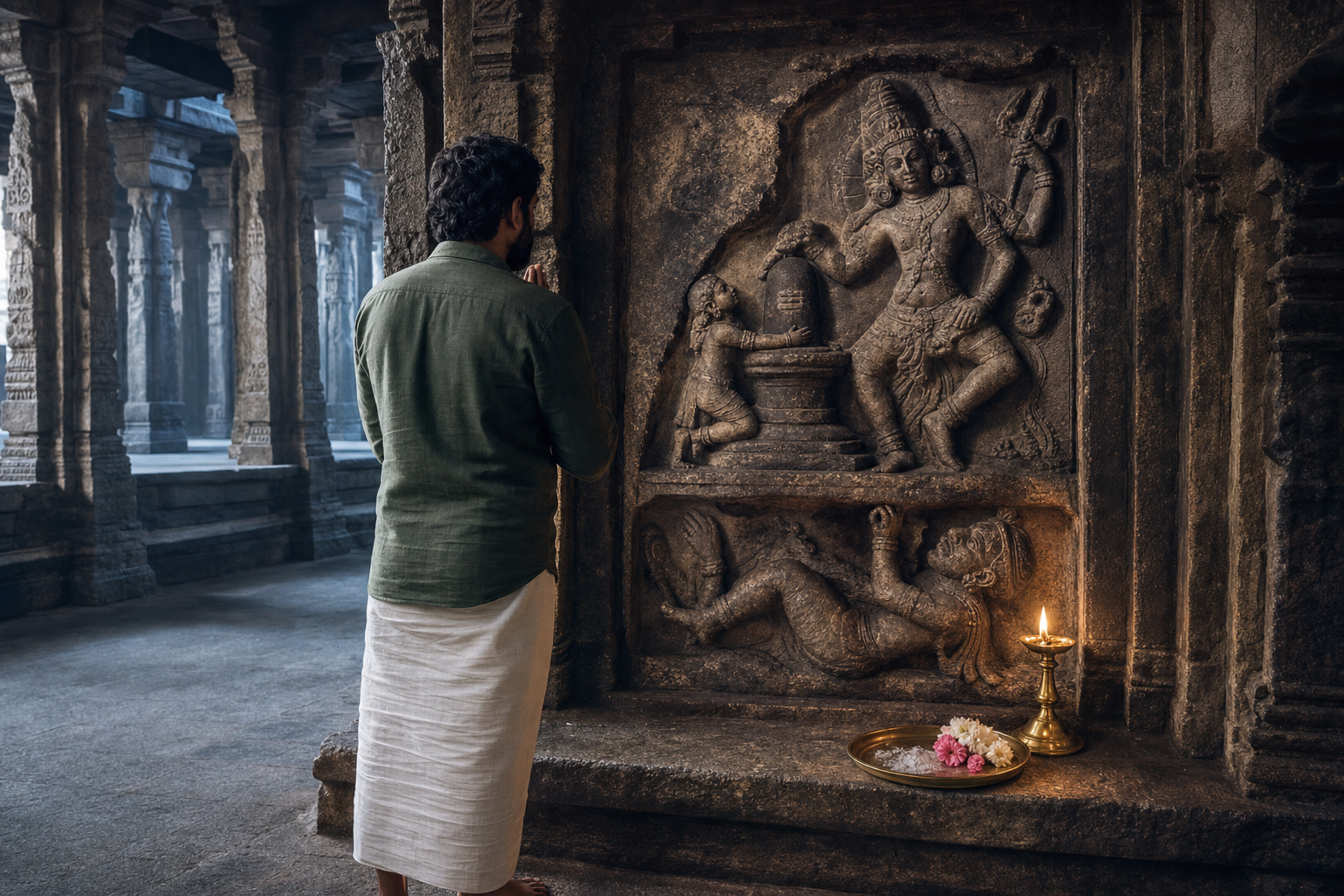 A barefoot devotee observes a weathered Kalantaka relief by lamplight before joining the hands in reverence, with flowers and sacred ash nearby.