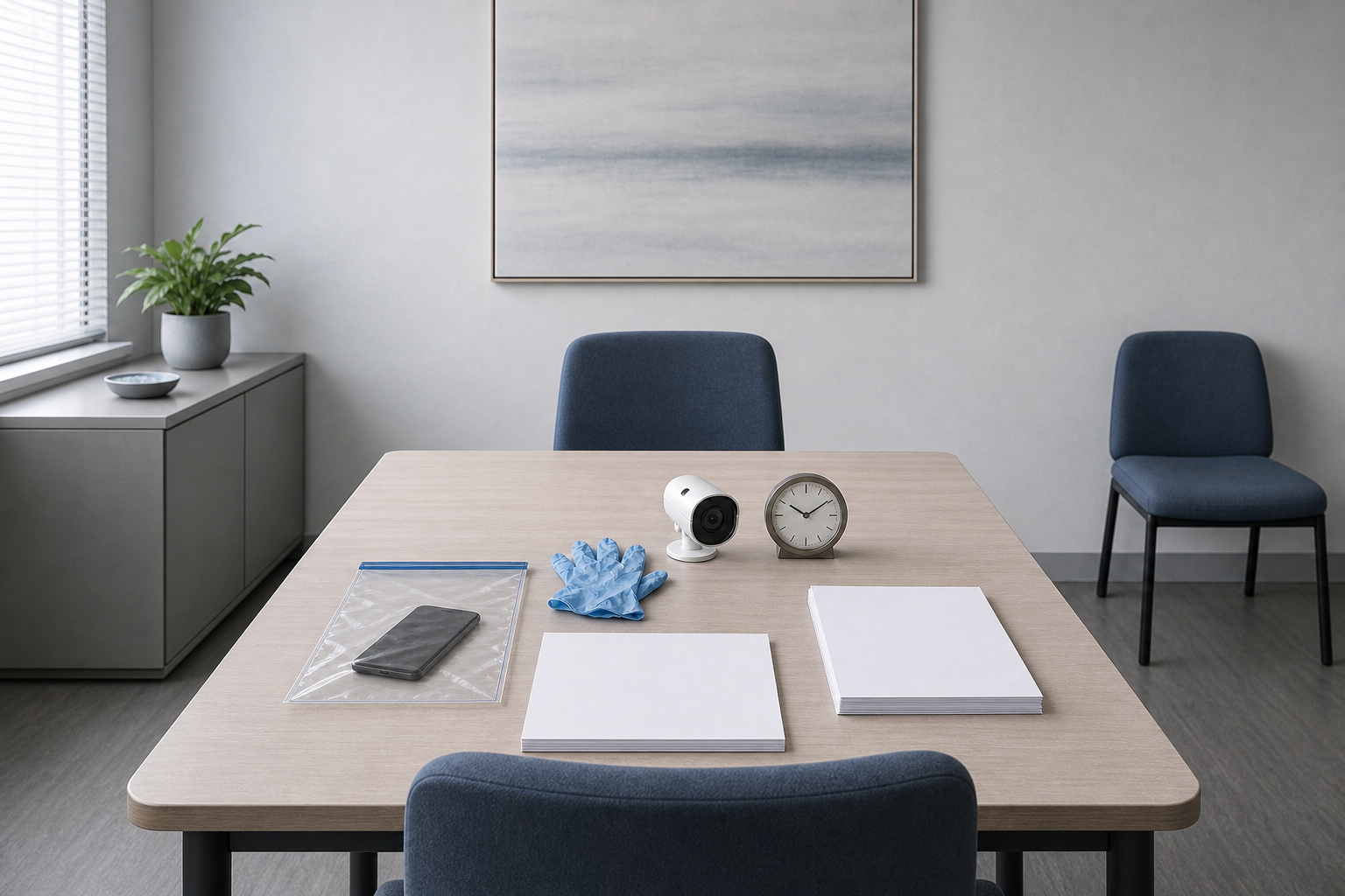 Desk with a sealed digital device, gloves, security camera, blank paperwork, clock, and chairs arranged for a neutral review.