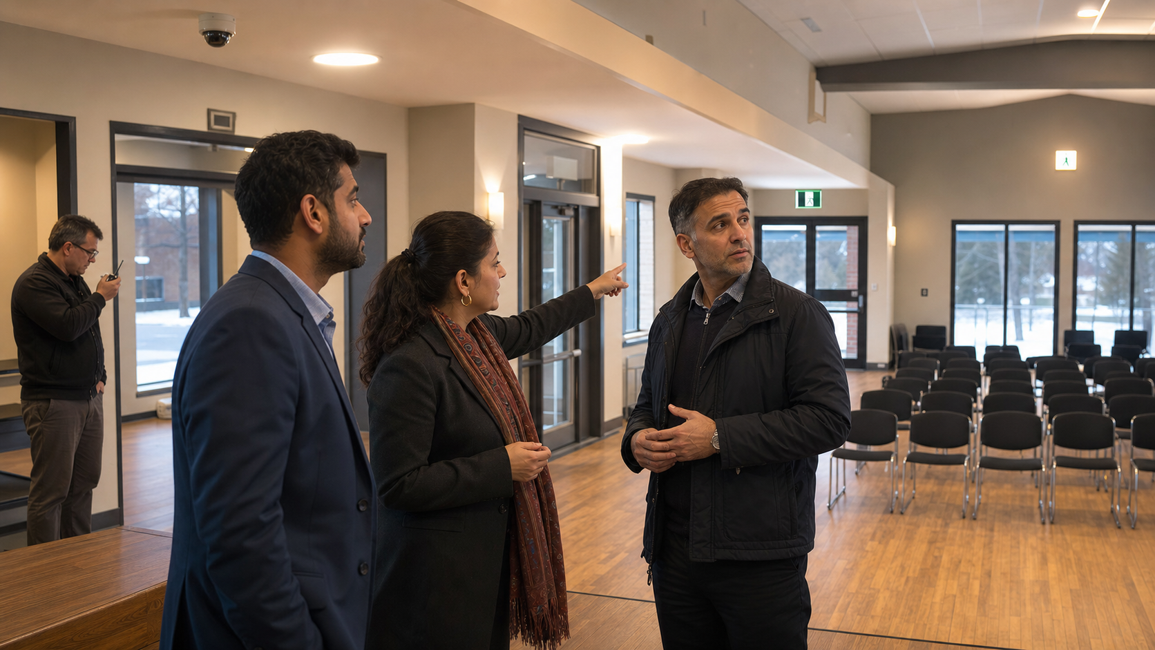 A public speaker, security adviser, and community organizer inspect exits and sightlines inside a community venue before an event.