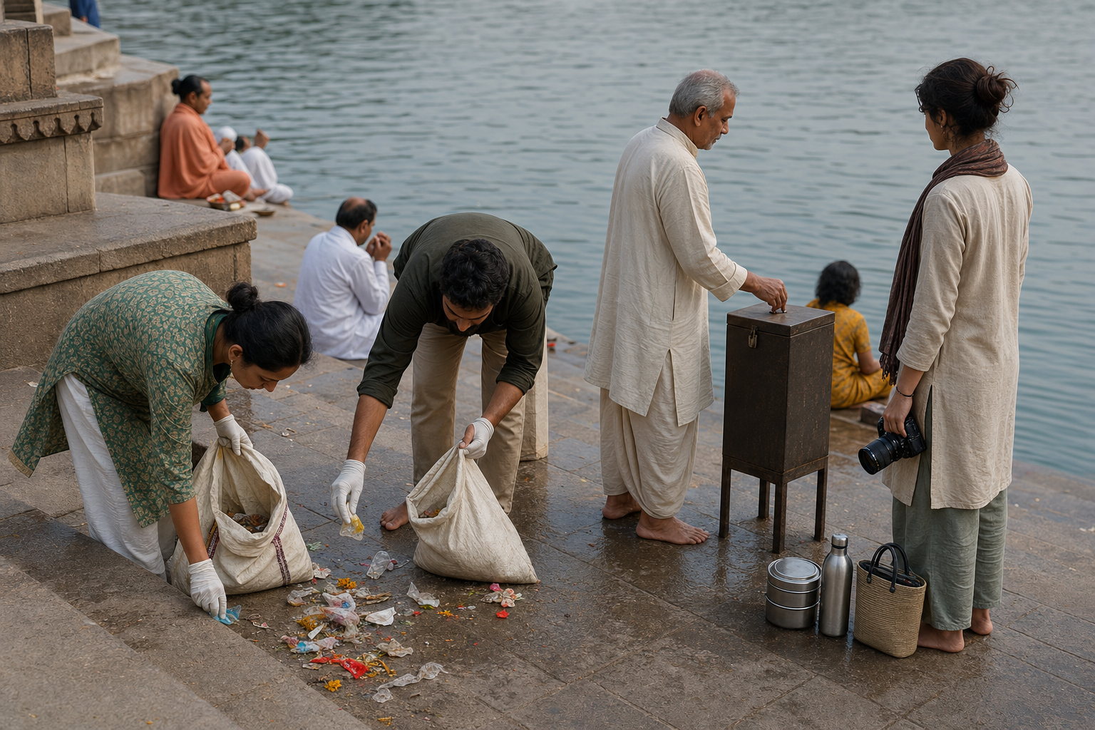 Volunteers collect litter from the ghat while a nearby pilgrim keeps a camera lowered beside the undisturbed sacred water.