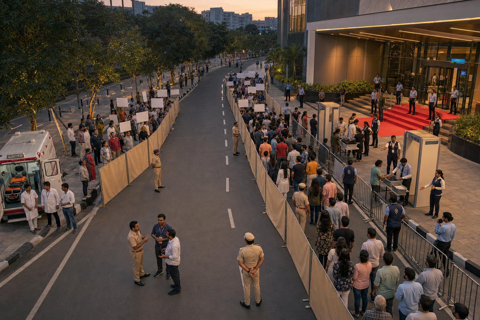 High-angle view of a cinema screening with separate routes for moviegoers and peaceful demonstrators, a buffer zone, emergency access, medical staff, ushers, and police.