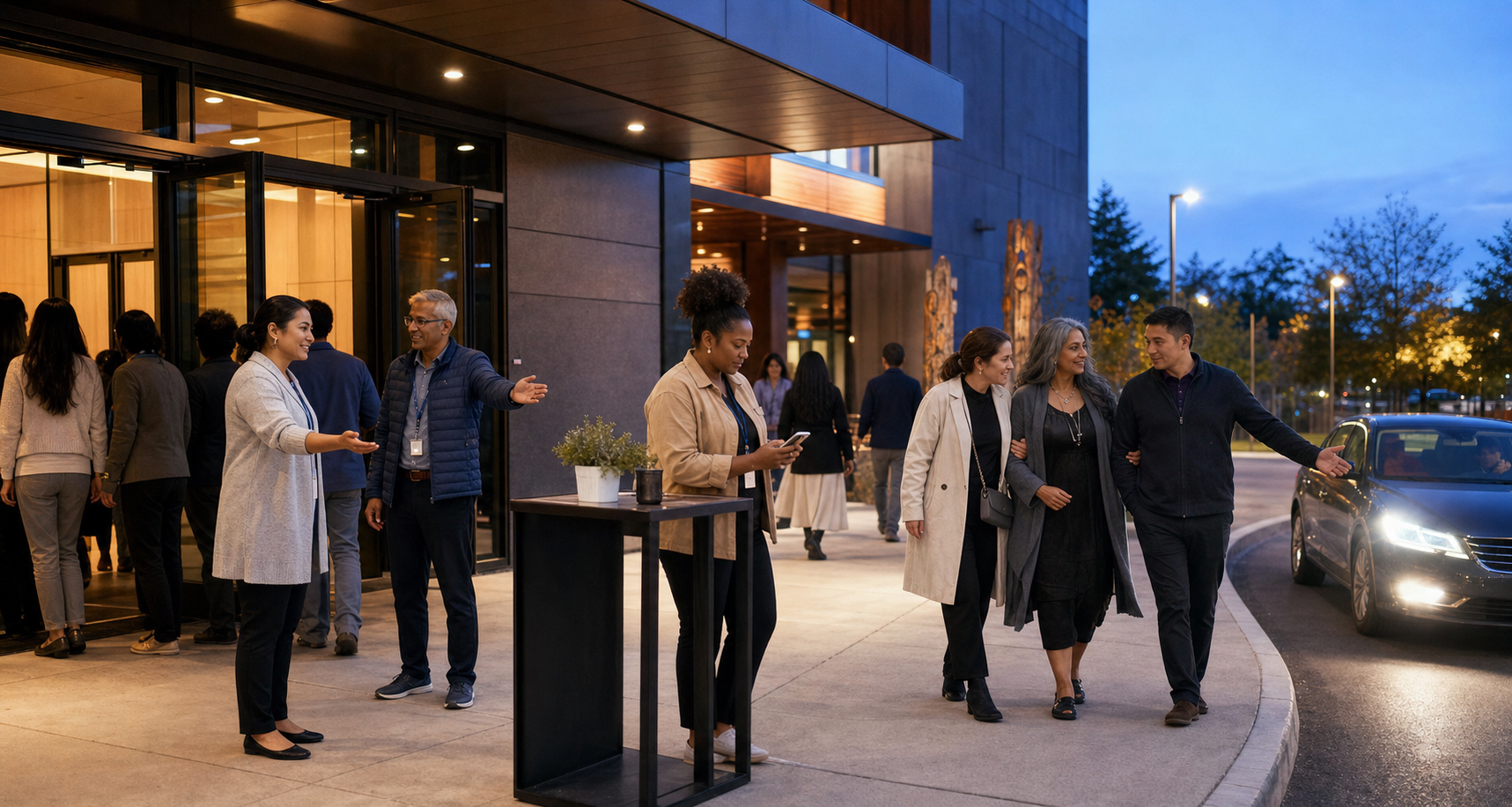Community volunteers coordinate a venue entrance, a phone check-in station, and a safe escort to a waiting car at dusk.