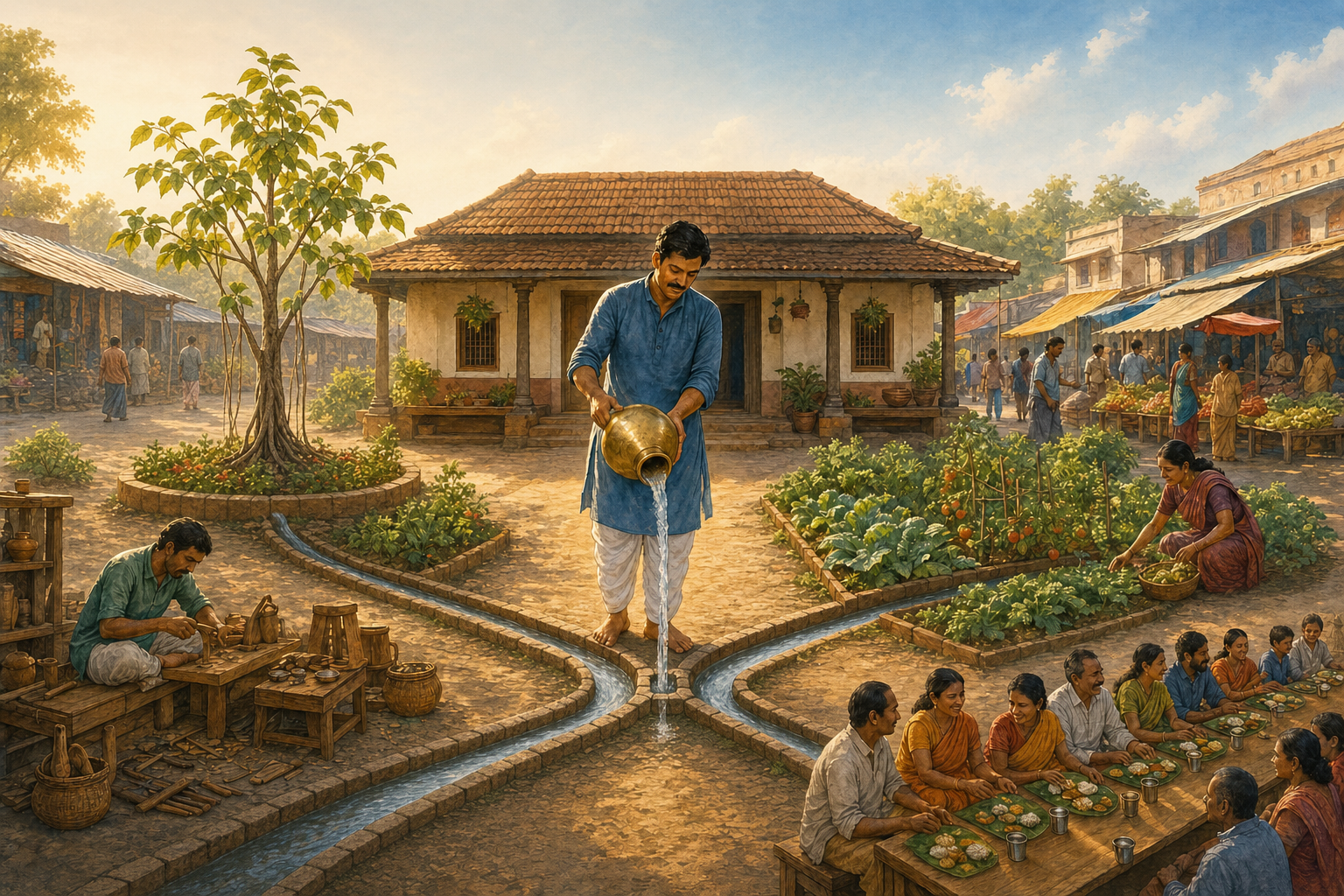 An Indian householder pours water into channels leading to a banyan sapling, a garden, a workshop, and a community dining table.