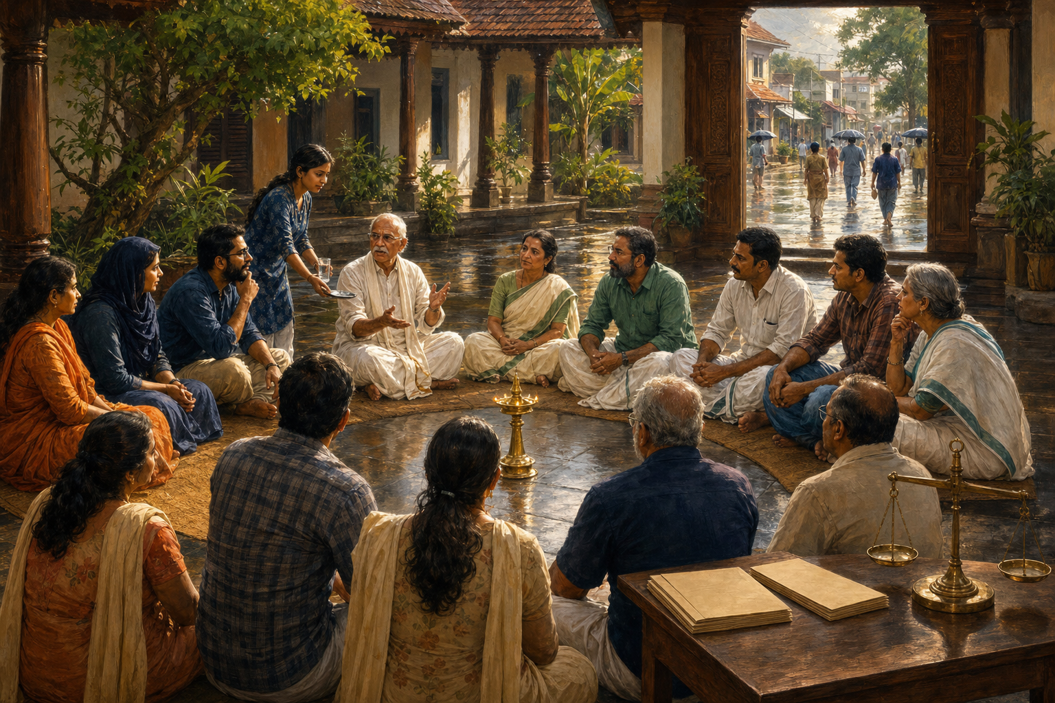 A multigenerational community circle gathers around an oil lamp in a Kerala-inspired courtyard while participants listen, offer water, and review unmarked evidence folders.