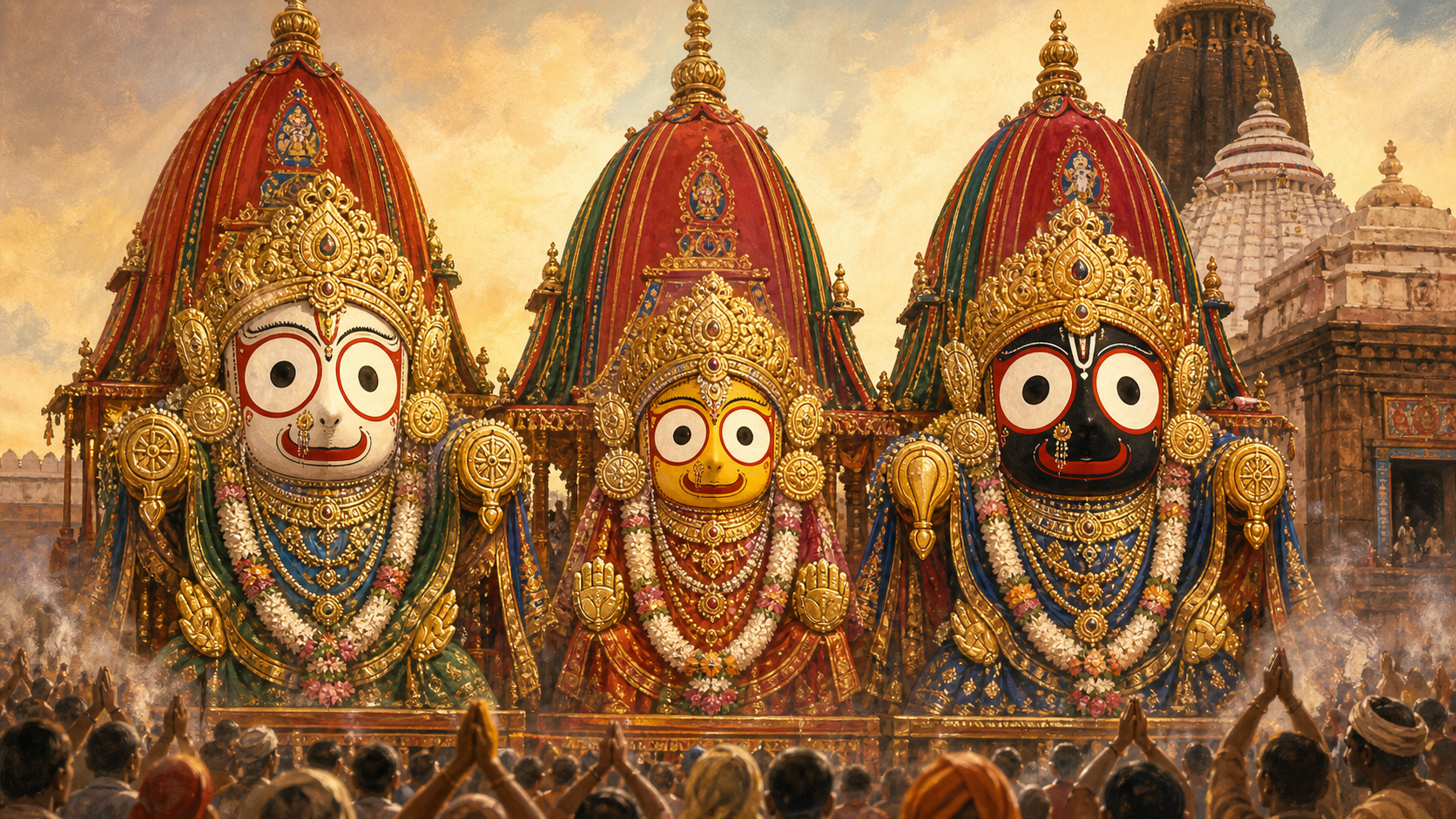 Lord Jagannath, Lord Balabhadra, and Devi Subhadra appear in golden ceremonial adornment on their chariots as devotees offer reverence below.