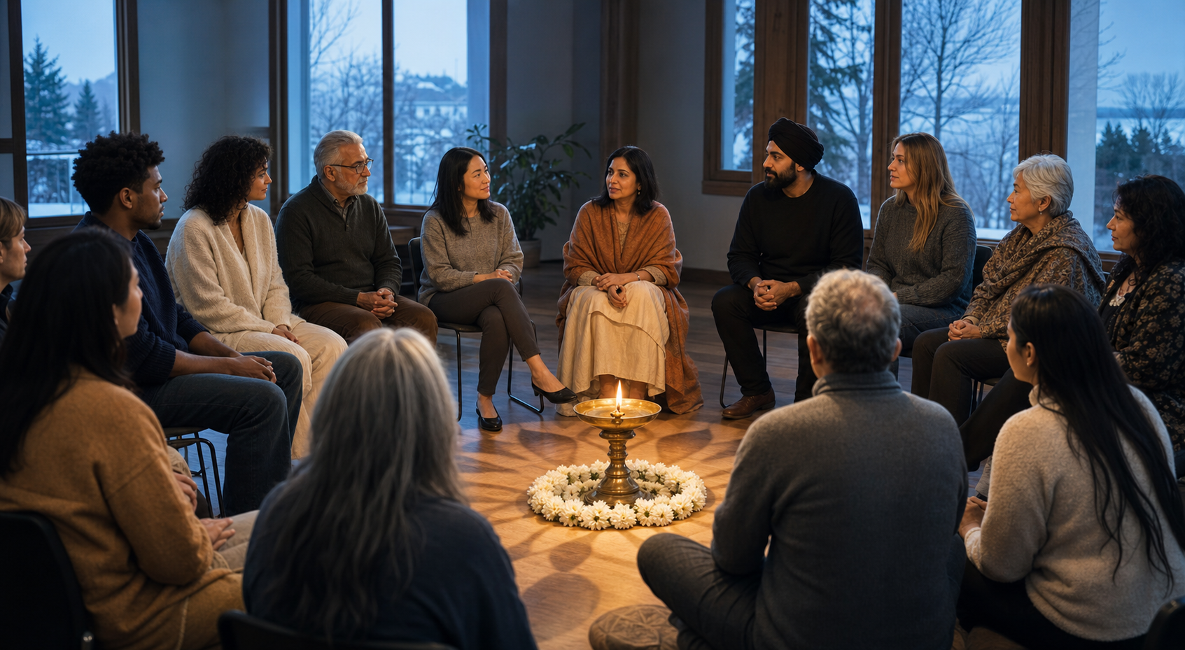 A diverse group sits in a listening circle around a small brass oil lamp and white flowers in a softly lit community hall.