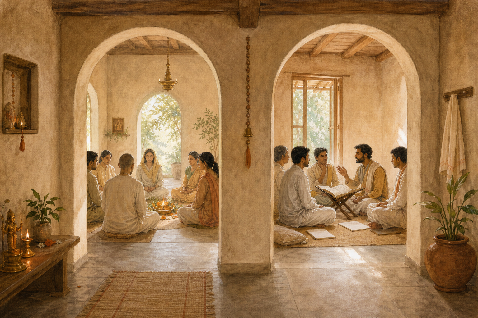 A retreat pavilion scene contrasts devotees taking notes during a teaching with devotees sitting silently during a devotional audience.